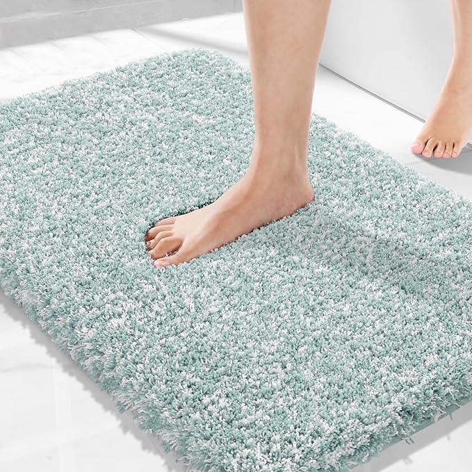 Yimobra Bath Rugs for Bathroom 32x20, Ultra Soft and Water Absorbent Bath Mats, Non Slip Plush Shower Mat, Microfiber Thick Matts for Bathroom Floor/Tub, Machine Washable, Sky Light Blue and White - ModernBath