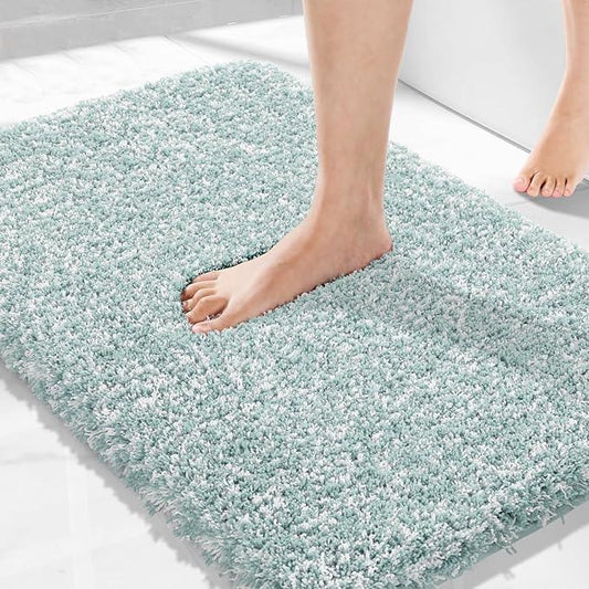 Yimobra Bath Rugs for Bathroom 32x20, Ultra Soft and Water Absorbent Bath Mats, Non Slip Plush Shower Mat, Microfiber Thick Matts for Bathroom Floor/Tub, Machine Washable, Sky Light Blue and White - ModernBath