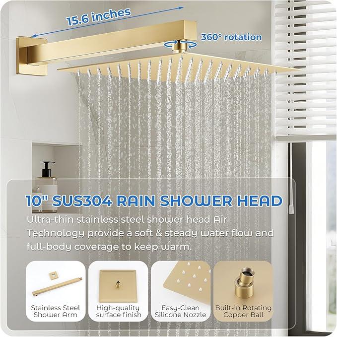 RNDIOZD Gold Shower Faucet Set, 10 inch Rain Shower System with Pressure Balance Valve, Wall Mounted 2-Functions Bathroom Shower Systems with Rain Shower and Handheld Spray Shower Trim Included - ModernBath