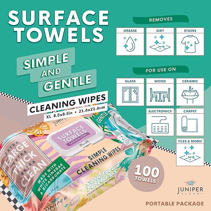 Juniper CLEAN 3 Packs Surface Cleaning Wipes Bleach Free, Thick & Large Dispose, All-Purpose Cleaner for Bathroom, Kitchen, Office, 300 Count Soft Flow, Biodegradable, Lavender Scent - ModernBath