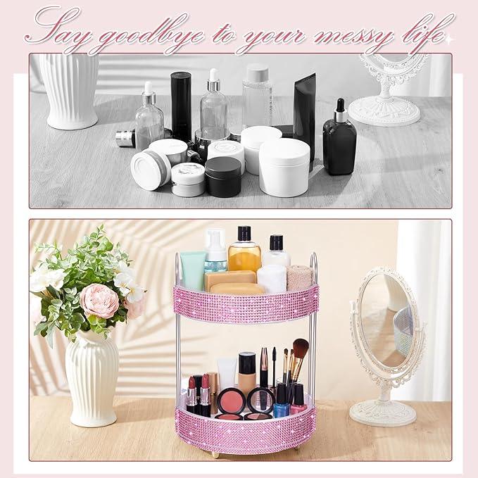 Honeydak 360 Rotating Perfume Organizer Rhinestone Bathroom Counter Organizer Makeup Holder with 2 Tiers Skincare and Perfume Storage, Vanity Storage for Cosmetic Countertop Decor (Pink) - ModernBath