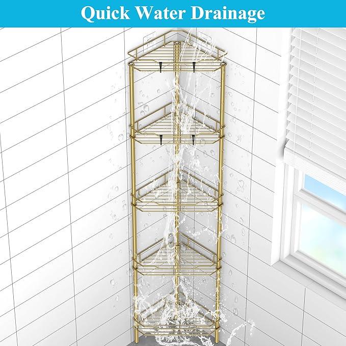 5 Tier Floor Standing Corner Shower Caddy Organizer Shelf with Hooks, Bathroom Shelves Stand Rack, Gold - ModernBath