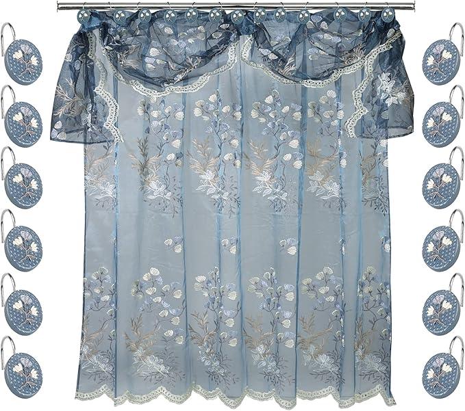 Zahari Home 13pc Capri Bathroom Sheer Shower Curtain Sets & 12 Hooks - Modern Classic Luxury Contemporary Decor Blue Shower Curtain Stylish Bath Sets - ModernBath