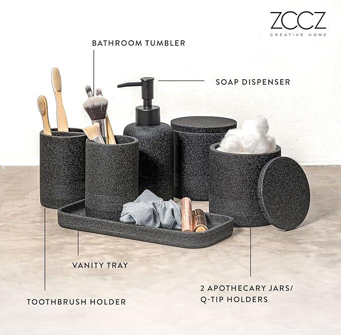 ZCCZ Black Stone Bathroom Accessories Set 6 Pieces - Toothbrush Holder, Lotion Dispenser, Qtip Container, Vanity Tray, Tumbler - Countertop Organizer for Bathrooms - Elegant and Functional Décor Set - ModernBath