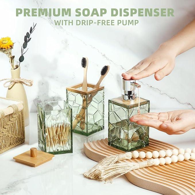 GAHEFY Sage Green Bathroom Accessories Set, Toothbrush Holder, Soap Dispenser, Cotton Swabs Holder, Soap Dish, Toilet Brush with Holder, Boho Bamboo Bathroom Decor,Acrylic (Green) - ModernBath
