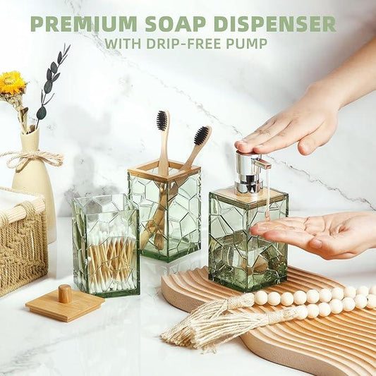 GAHEFY Sage Green Bathroom Accessories Set, Toothbrush Holder, Soap Dispenser, Cotton Swabs Holder, Soap Dish, Toilet Brush with Holder, Boho Bamboo Bathroom Decor,Acrylic (Green) - ModernBath