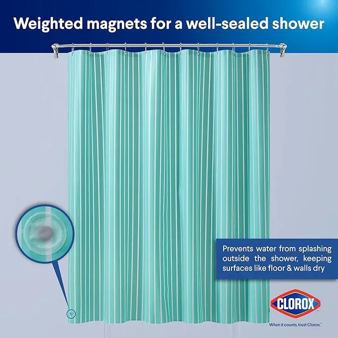 CLOROX Shower Curtain Liner, Premium Striped Medium-Weight Durable Waterproof 6g PEVA for Bathroom with Weighted Magnets, Printed Standard Size 72" x 72", Aqua - ModernBath