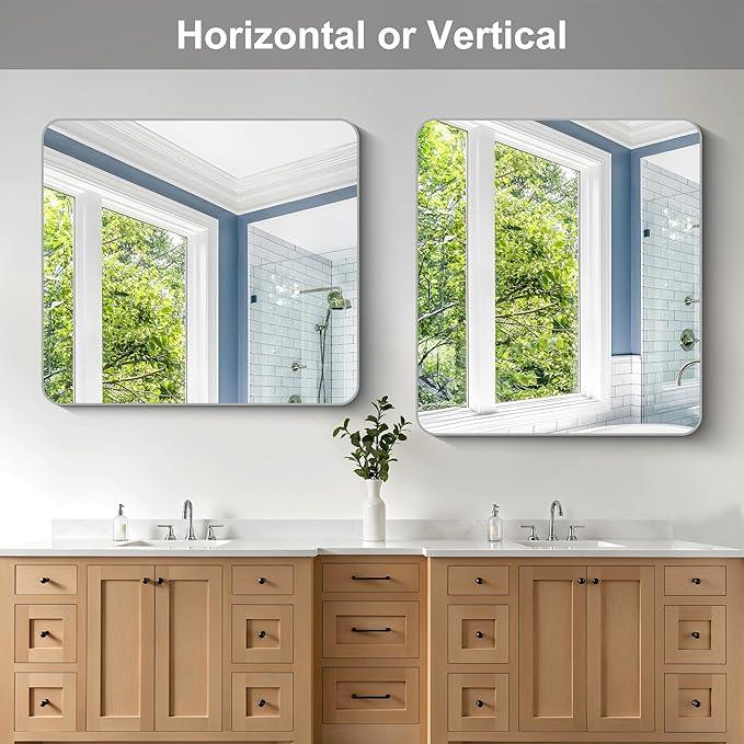 CIVENO 36x40 Inch Silver Bathroom Mirror, Metal Framed Silver Rectangle Mirrors, Rounded Rectangular Vanity Mirror, Wall Mounted Mirrors for Living Room Bedroom Entryway Hangs Horizontal or Vertical - ModernBath
