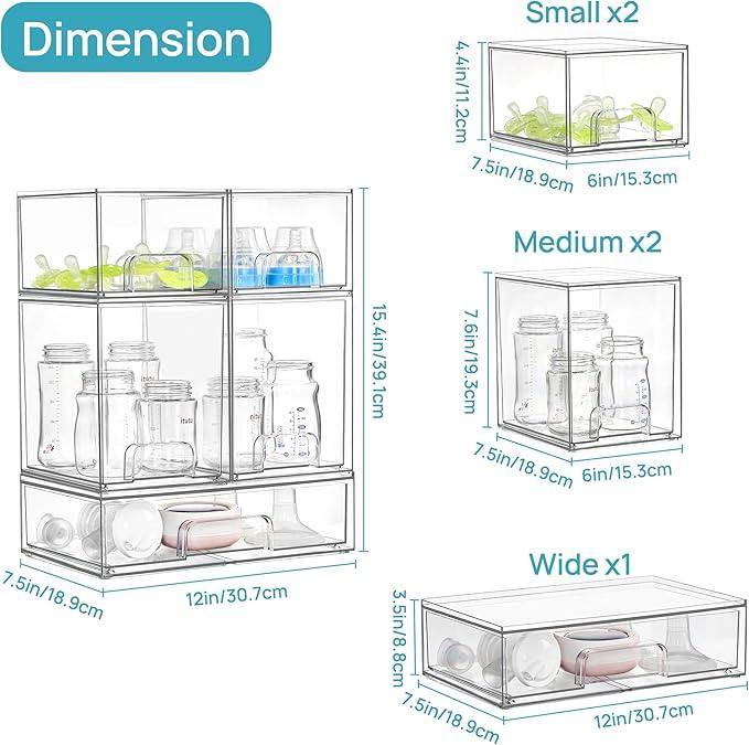 Vtopmart Stackable Storage Drawers Set of 5, Clear Plastic Organizer Bins for Baby Bottle, Beauty Supplies Storage, Ideal for Kichen Countertop, Vanity, Bathroom, Cabinet, Pantry Organization - ModernBath