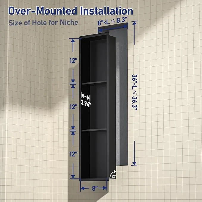 Stainless Steel Shower Niche 8"×36" Matte Black with 3-Tier Shelves No Tiled Needed Niche Shower for Bathroom Wall Recessed Bathroom Shower Shelf for Storage - ModernBath