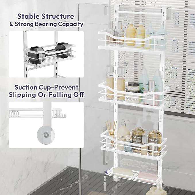 SWTYMIKI Over the Door Shower Caddy - 4 Tier Adjustable Shower Organizer Hanging with Soap Holder, No Drilling Stainless Steel Bathroom Rack Hanging for Body Wash, Shampoo, Soap, Razor, White - ModernBath