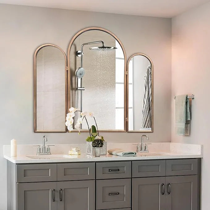 BAODANFU 3 Way Mirror Bathroom, Trifold Vanity Mirrors for Bathroom Bedroom, Large Arch Mirrors Decorative Vintage Gold, Adjustable Makeup Mirror for Braiding Hair 360° Way Tabletop & Wall Mounted - ModernBath