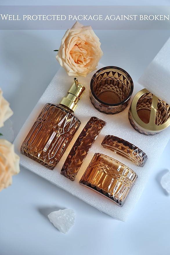 LaMarriti Amber Bathroom Accessories Set, 5Pcs Clear Glass Bathroom Sets, Hand Soap Dispenser, Soap Dish, Toothbrush Holder Set, Qtips Holder for Crystal Vintage Bath Decor, Set - ModernBath