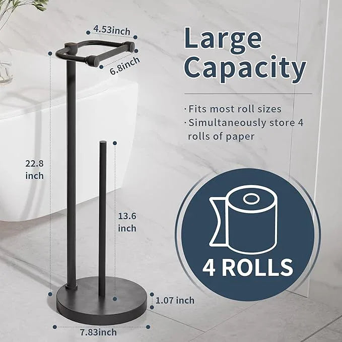 Toilet Paper Holder Stand, Post Pivoting Design Free Standing Toilet Paper Holder with Storage for 4 Rolls, SUS304 Stainless Steel Tissue Holder with Reserve, Heavy-Duty Base (Matte Black) - ModernBath