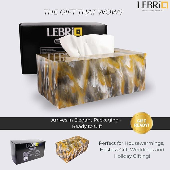 LebriQ Rectangular Tissue Box Cover | Heavyweight 1.5lbs Non-Slip Base | Gift Box Ready |Black, Amber & White Marble Acrylic Tissue Holder | Decorative Tissue Box for Bathroom, Bedroom,Office & Vanity - ModernBath