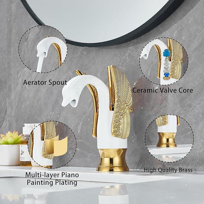 GGStudy Bathroom Faucet White Mixed Gold Swan Single Handle 1 Hole Bathroom Vanity Faucet Basin Tap Deck Mount Lavatory - ModernBath
