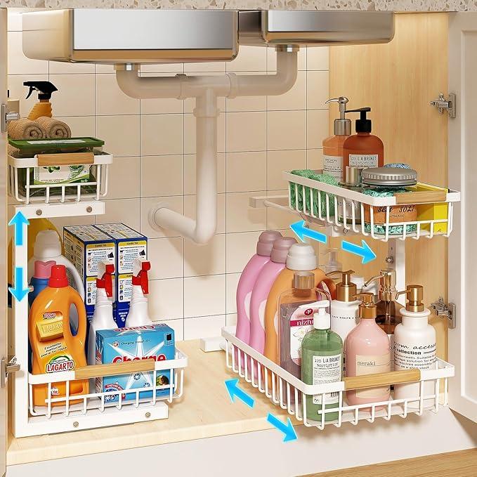 REALINN Under Sink Organizer, Height Adjustable Under Sink Organizers and Storage, 2 Tier Pull Out Drawer Cabinet Storage for Kitchen Bathroom, 2 Pack, White - ModernBath
