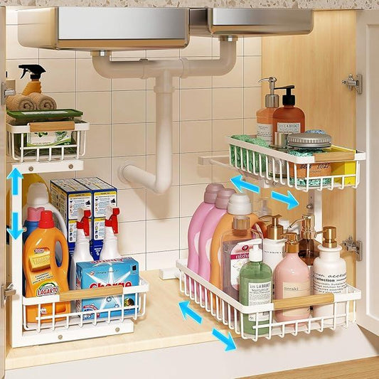 REALINN Under Sink Organizer, Height Adjustable Under Sink Organizers and Storage, 2 Tier Pull Out Drawer Cabinet Storage for Kitchen Bathroom, 2 Pack, White - ModernBath