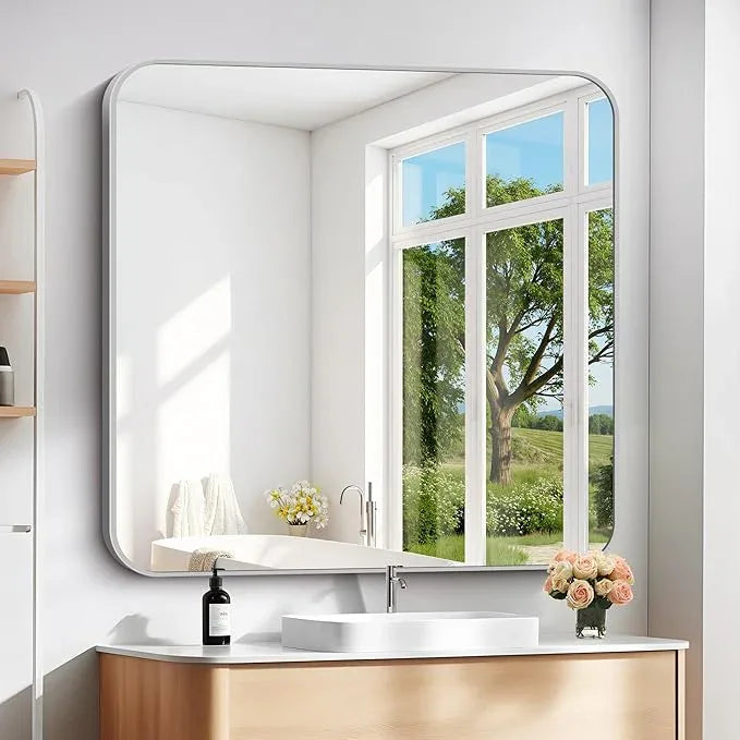DESBING 42" x 42"Bathroom Mirror, Silver Wall Mirror with Metal Frame, Decorative Rectangular Vanity Mirror for Bedroom Bathroom Living Room Entryway (Horizontal/Vertical) - ModernBath