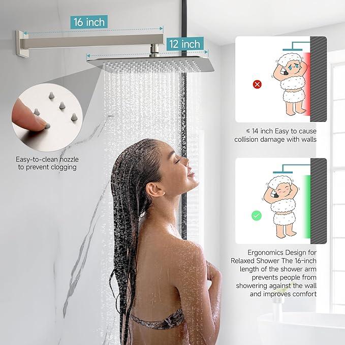 SR SUN RISE Shower Faucet Set & System - 12 Inch Rainfall Shower Head & Handle Set Wall Mounted Brushed Nickel Solid Brass Valve Trim Kit Included - ModernBath
