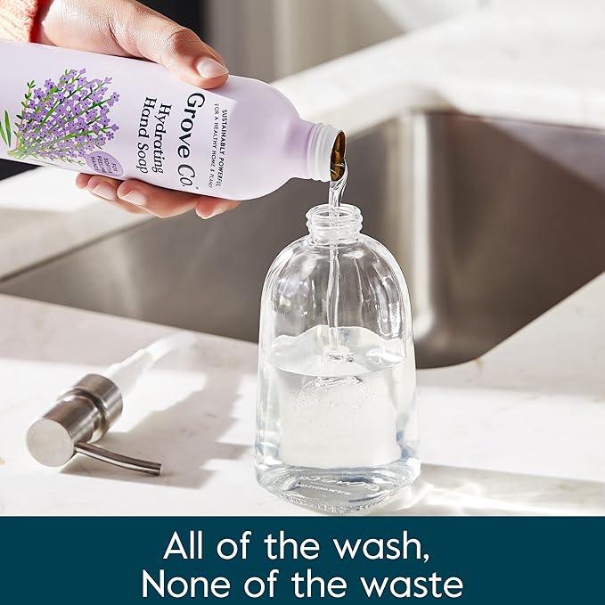 Grove Co. Hydrating Gel Hand Soap Refills (2 x 13 Fl Oz) + 1 x Reusable Glass Soap Dispenser, Plastic-Free & Liquid Refillable Starter Kit, Natural Lavender Blossom & Thyme Fragrance - ModernBath