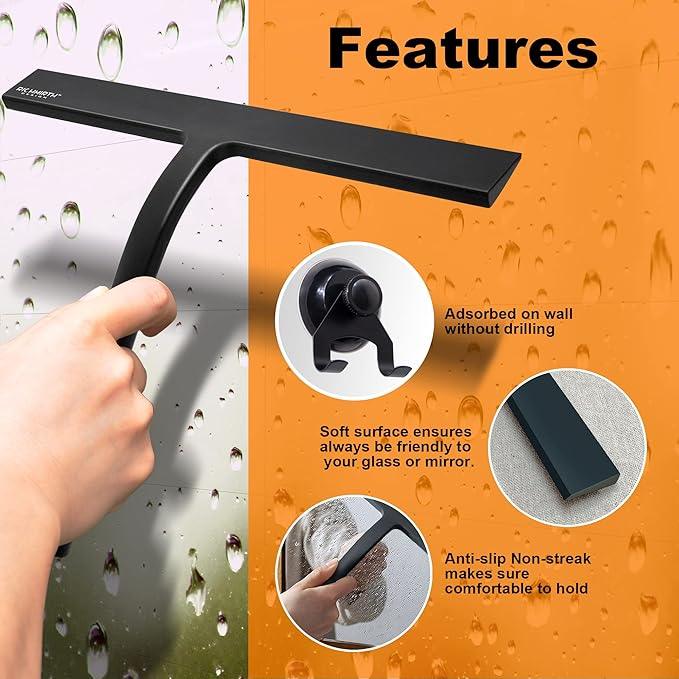 Shower Squeegee for Glass Doors 10" - All Purpose Squeegee for Window Bathroom Glass Mirror Bathroom Tile with Suction Cup Hooks - Black - ModernBath
