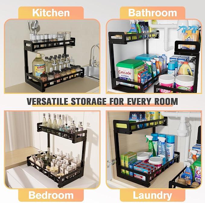 Under Sink Organizer, Metal Large Capacity 2-Tier Sliding Cabinet Storage Rack, Heavy-Duty Rust-Resistant Steel Frame, Holds 50 lbs, Adjustable Height 12–16", 14"D x 11"W for Kitchen & Bathroom, Black - ModernBath