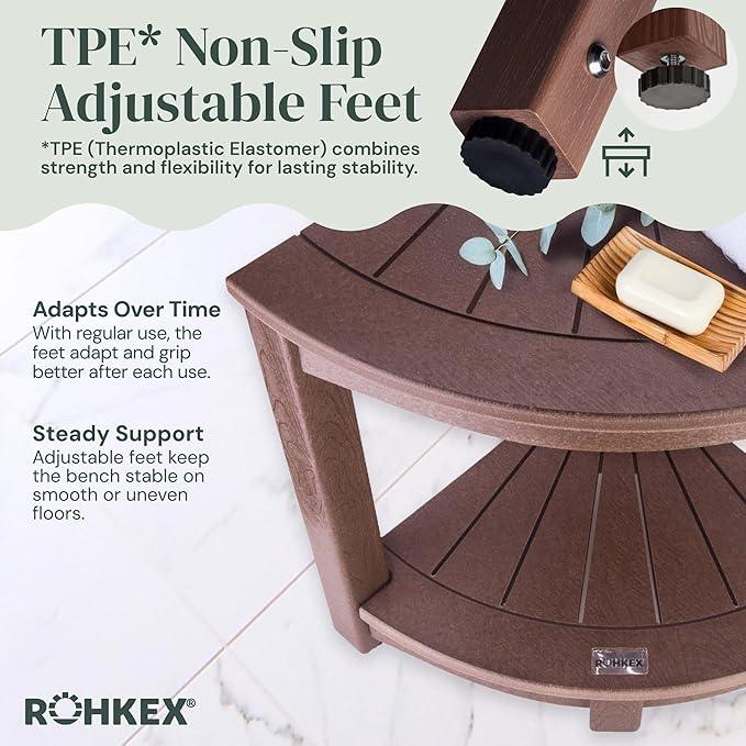 ROHKEX Corner Shower Stool - L-Shaped, Brown HDPE - Adjustable Non-Slip Legs & Corner Bench - Double-Layer Shelf & Shaving Stool - Protective Rubber Feet & Waterproof Bench Home Decor Gift Idea - ModernBath