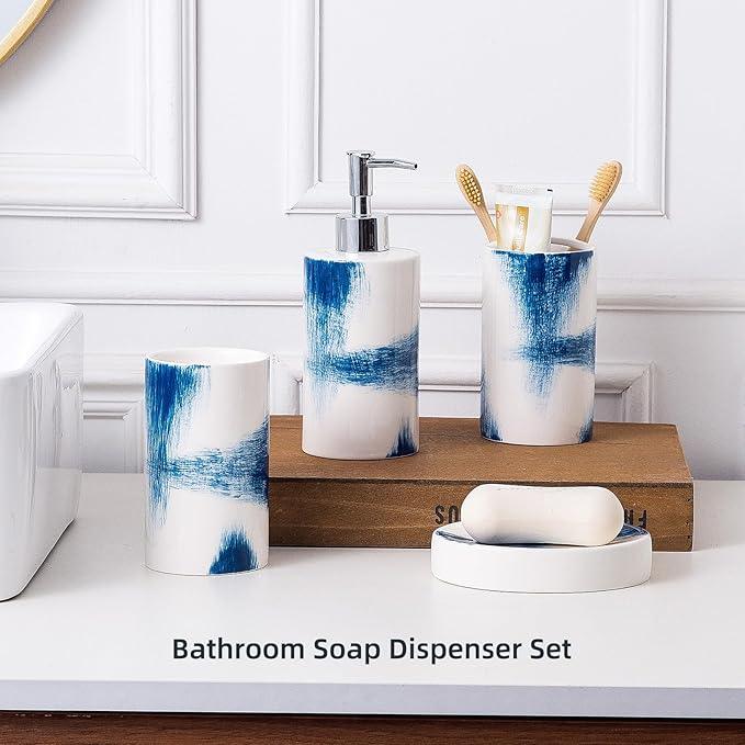 4 Piece Painted Ceramic Bathroom Accessory Set, Includes Soap Dispenser Pump, Toothbrush Holder, Tumbler, Soap Dish Sanitary, Ideas Home Gift for Ware Home Decor Bath(Blue & White) - ModernBath