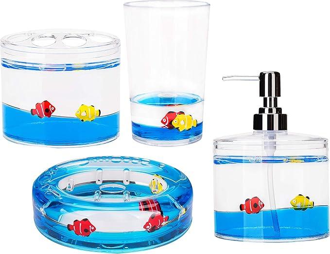 Locco Decor 4 Piece Acrylic Liquid 4D Floating Motion Bathroom Vanity Accessory Set Garden Theme Leaf Toothbrush Holder, Tumbler, Soap Dispenser, Soap Dish - ModernBath