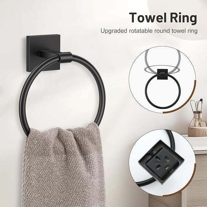 5 Pieces Bathroom Hardware Set Matte Black Towel Bar Set Includes 23.6” Towel Bar, Towel Ring Holder, Toilet Paper Holder and Two Towel Hooks, Bathroom Accessories Set SUS304 Wall Mounted - ModernBath