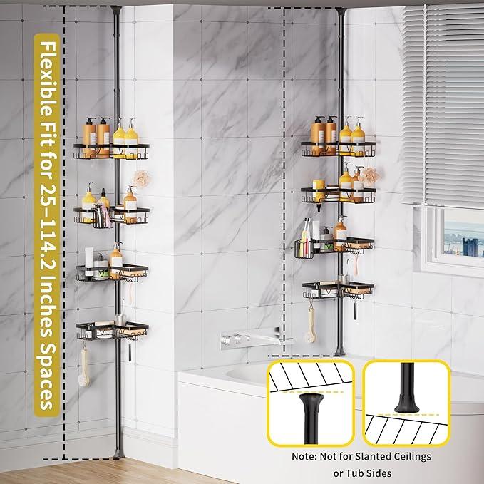 KEGII Corner Shower Caddy Tension Pole, Adjustable Bathroom Organizer Shelf with Toothbrush Holder, Floor to Ceiling Shower Organizer 25-114.2 Inch, Bathtub Storage Rack for Renters, Family - ModernBath