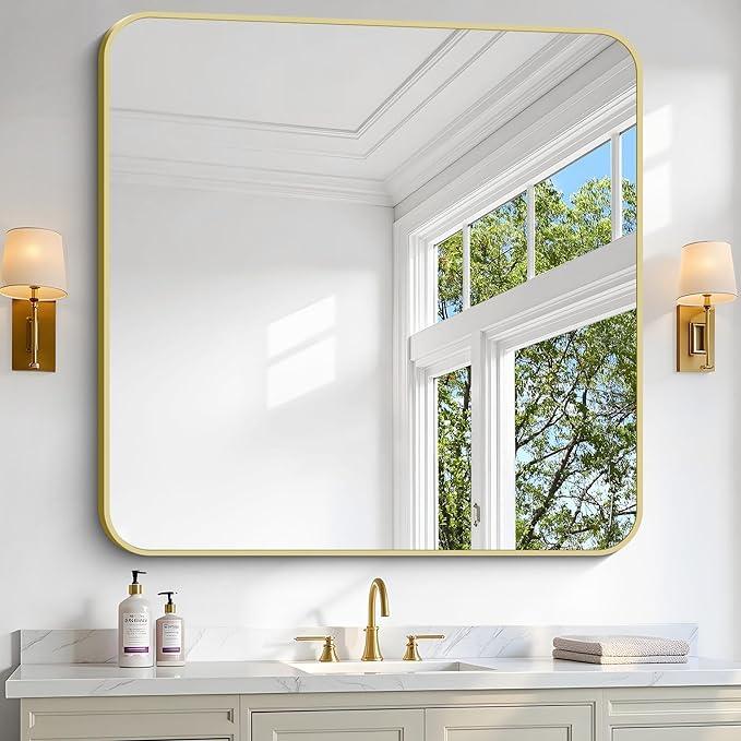 CIVENO Gold Bathroom Mirror, 42x42 Inch Metal Framed Square Mirror, Rounded Corner Gold Vanity Mirror, Large Wall Mounted Mirrors for Living Room Bedroom Entryway Hangs Horizontal or Vertical - ModernBath