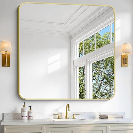 CIVENO Gold Bathroom Mirror, 42x42 Inch Metal Framed Square Mirror, Rounded Corner Gold Vanity Mirror, Large Wall Mounted Mirrors for Living Room Bedroom Entryway Hangs Horizontal or Vertical - ModernBath
