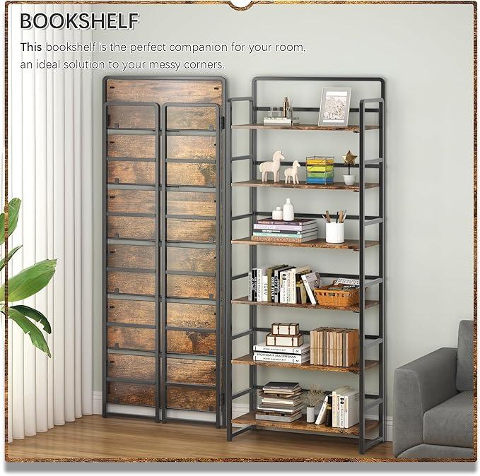 4NM No Assembly 6 Tiers Folding Bookshelf Storage Shelves Vintage Bookcase Standing Racks Study Organizer Home Office (Rustic Brown Black) - ModernBath