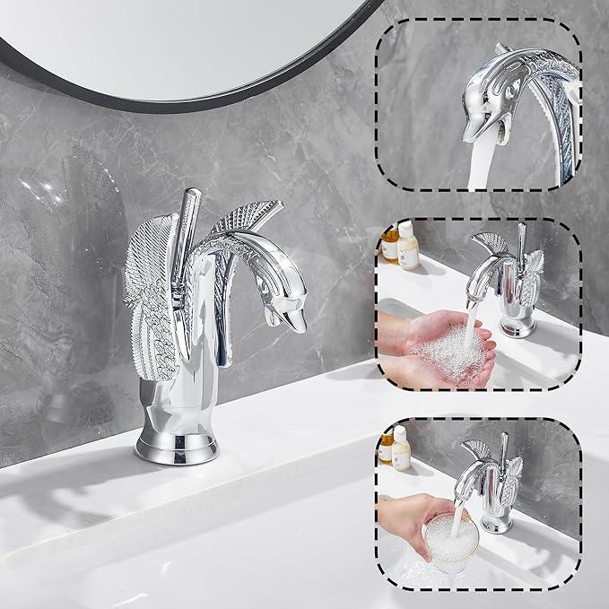 GGStudy Chrome Bathroom Faucet Swan Shape Single Handle One Hole Bathroom Vanity Faucet Basin Tap Deck Mount Lavatory - ModernBath
