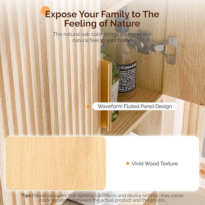 VINGLI Over The Toilet Storage Cabinet with Fluted Doors, Mid Century Modern Bathroom Organizer Over Toilet, Freestanding Wooden Space Saver Stand with Adjustable Shelves, Natural Oak - ModernBath
