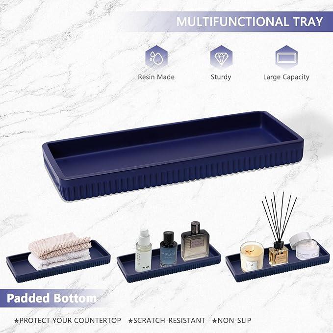 XLHOMO Resin Navy Blue Bathroom Accessories Set 5 Pcs, Lotion Soap Dispenser, Toothbrush Holder, Bathroom Tumbler, Qtip Holder and Vanity Tray, Bathroom Countertop Organizer Set for Modern Apartment - ModernBath