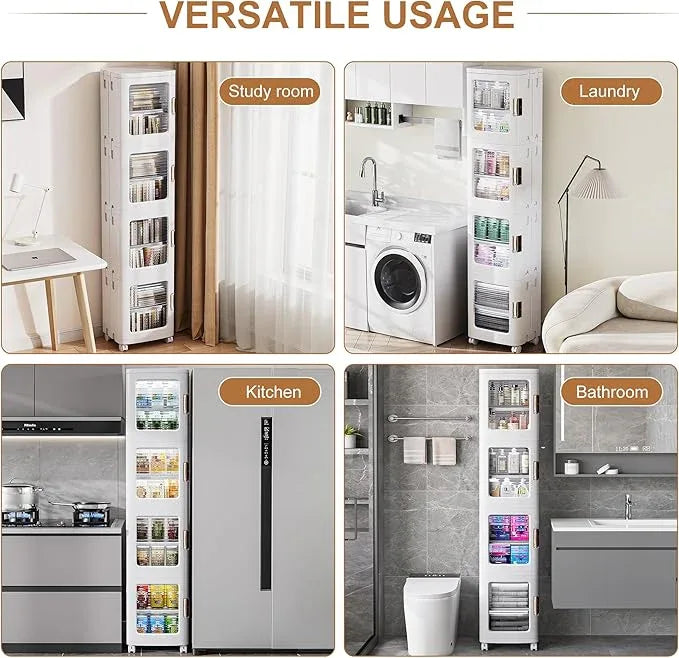 VECELO 4-Tier Tall Narrow Storage Cabinet with Movable Wheels, Adjustable Shelves, Anti-Tip, Slim, for Small Space, Bathroom, Kitchen, Laundry, White - ModernBath