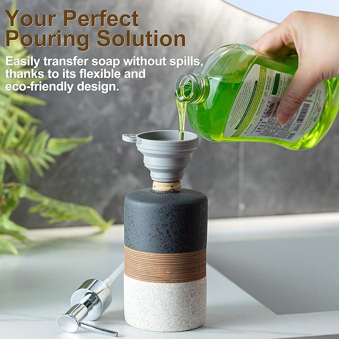 Cormomu Dish Soap Dispenser Set with Silicone Funnel, Hand Soap, Shampoo, Body Wash, Ceramic Liquid Soap Dispenser for Kitchen and Bathroom Countertops, Stainless Steel Pump, Non Slip, 12 Oz, Black - ModernBath