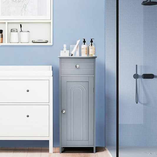 Tangkula Bathroom Floor Cabinet, Wooden Side Storage Cabinet, Freestanding Single Door Bathroom Cabinet with Large Drawer & 2 Adjustable Shelves for Living Room Kitchen (Grey) - ModernBath