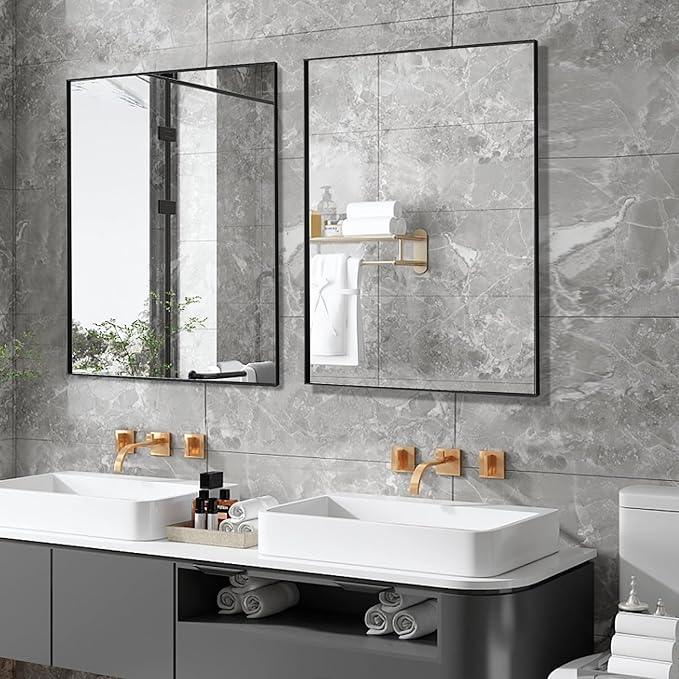 Bonverre 24x36 Inch Black Bathroom Mirror for Wall, Aluminum Frame Rectangle Rectangular Vanity Mirror, Modern Large for Bedroom, Living Room, Horizontal or Vertical - ModernBath