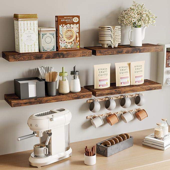 Fixwal 15.8in Wall Shelves, Rustic Wood Finish Floating Shelves Set of 4, Shelves for Wall Decor, with Invisible Brackets for Bathroom, Living Room,Bedroom and Kitchen(Rustic Brown) - ModernBath