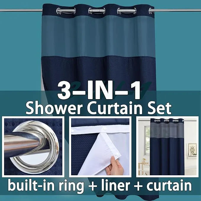 Conbo Mio Stall No Hook Waffle Weave Shower Curtain with Snap in Liner Set, Hotel Luxury Navy Blue Shower Curtains for Bathroom with See Through Top Window, Waterproof, Washable 54W x 74H - ModernBath