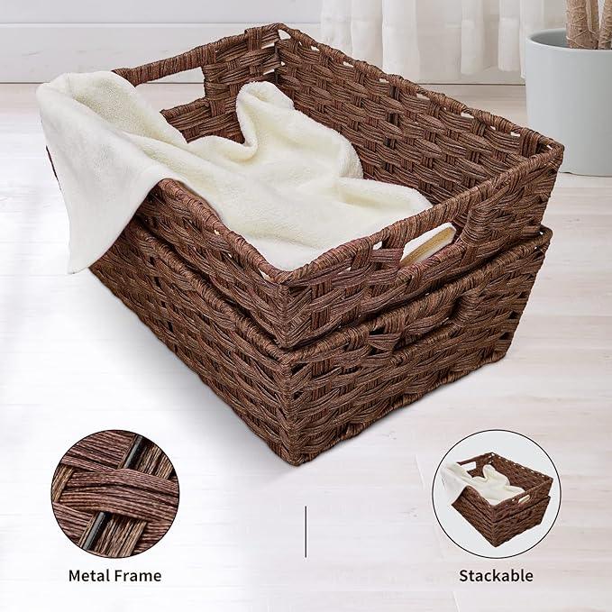Onlytak Large Wicker Storage Basket, Metal Frame, Set of 2, Washable Waterproof, 15" x 10.3" x 5.2", Brown Color, Woven Basket for Pantry, Toilet, Bathroom, Bedroom, Patio - ModernBath