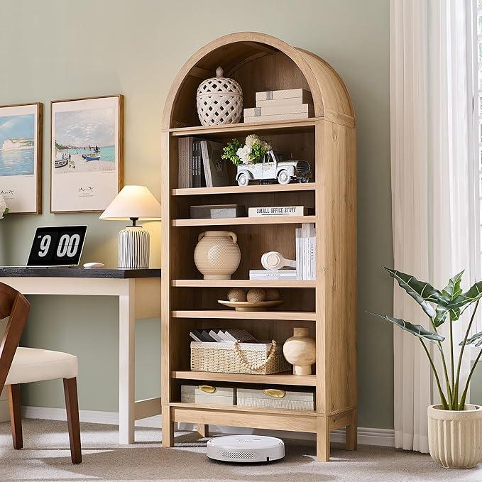 71" Tall Arched Bathroom Storage Cabinet, 7-Tier Modern Farmhouse Storage Cabinet with Adjustable Shelves, Wood Freestanding Cabinet for Bathroom, Living Room, Entryway, Hallway (Natural) - ModernBath