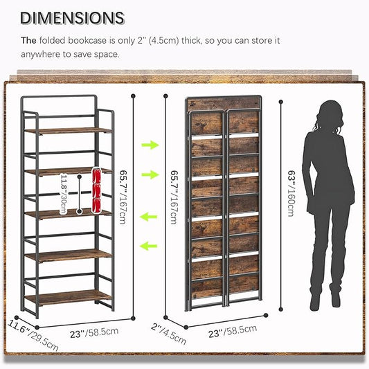 4NM No Assembly 5 Tiers Folding Bookshelf Storage Shelves Vintage Bookcase Standing Racks Study Organizer Home Office (Rustic Brown Black)