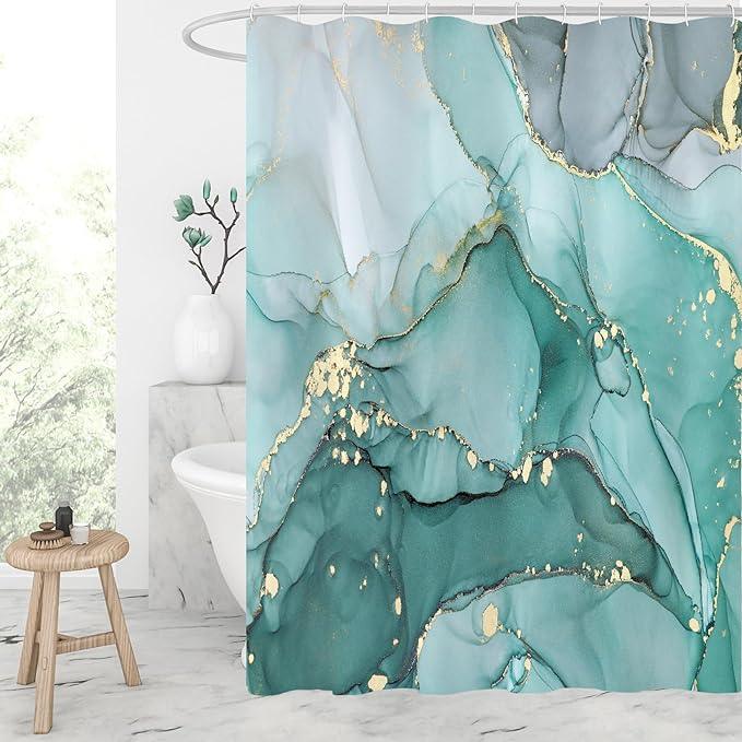 Gibelle Long Fabric Shower Curtain 72 x 78, Tall Abstract Turquoise Marble Shower Curtain, Modern Ink Art Waterproof Fabric Shower Curtain Set with Hooks - ModernBath