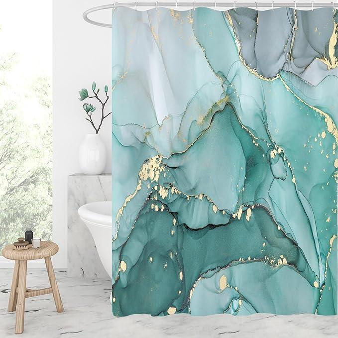 Gibelle Abstract Teal Marble Shower Curtain, Turquoise Marble Shower Curtain for Bathroom, Modern Ink Art Decor Waterproof Fabric Shower Curtain Set with Hooks, 72x72 - ModernBath