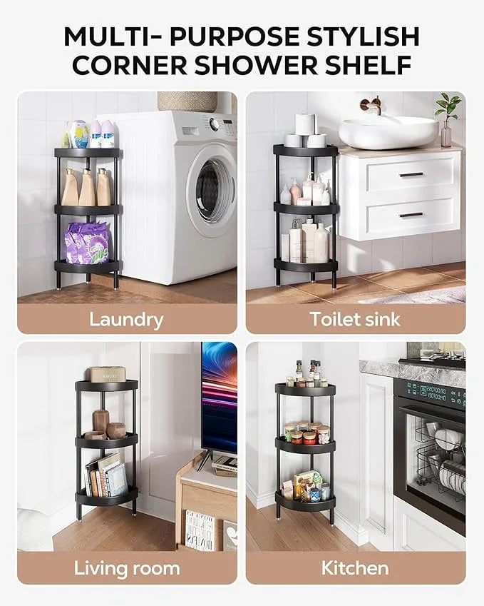 Nieifi Corner Shower Caddy Stand-3 Tier Rustproof Anodized Aluminum Standing Shower Organizer-Shower Caddy Corner-Dual Stability to Anti-Shaking-Height-Adjustable Legs for Uneven Surfaces-Black - ModernBath